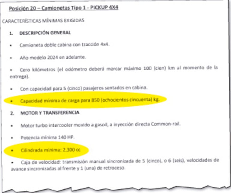 Parte de las especificaciones técnicas impuestas por PTI para la compra de las patrulleras.