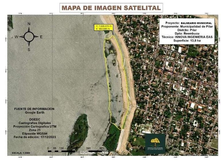 Vista satelital de la playa que estará a disposición de los veraneantes a partir de hoy en Pilar. (Gentileza).