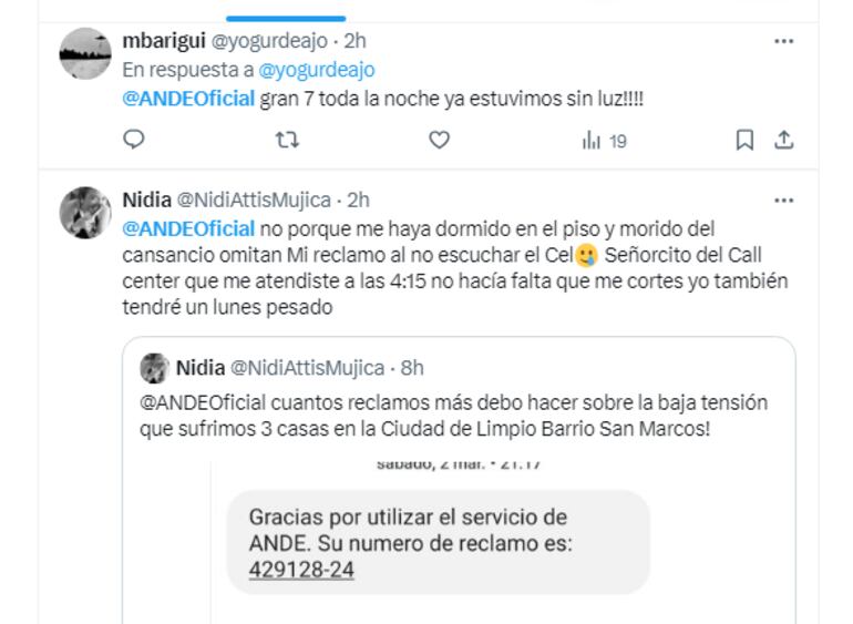 Algunos de los reportes de cortes de energía, realizados en redes sociales.