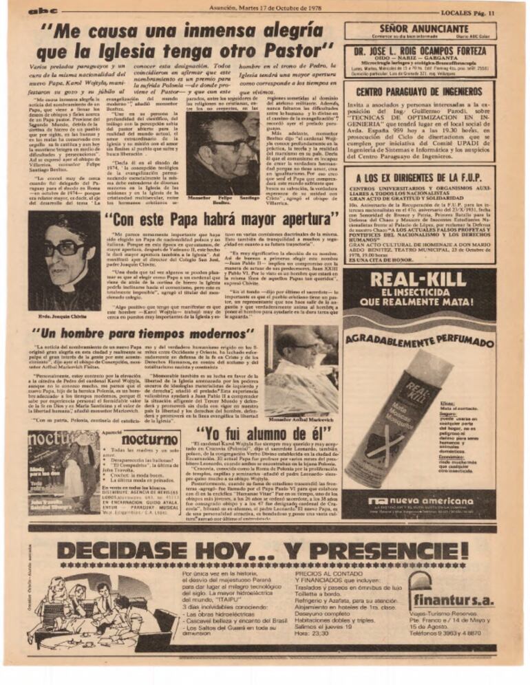 Publicaciones de ABC Color del 17 de octubre de 1978. Eligieron a Juan Pablo II como papa.