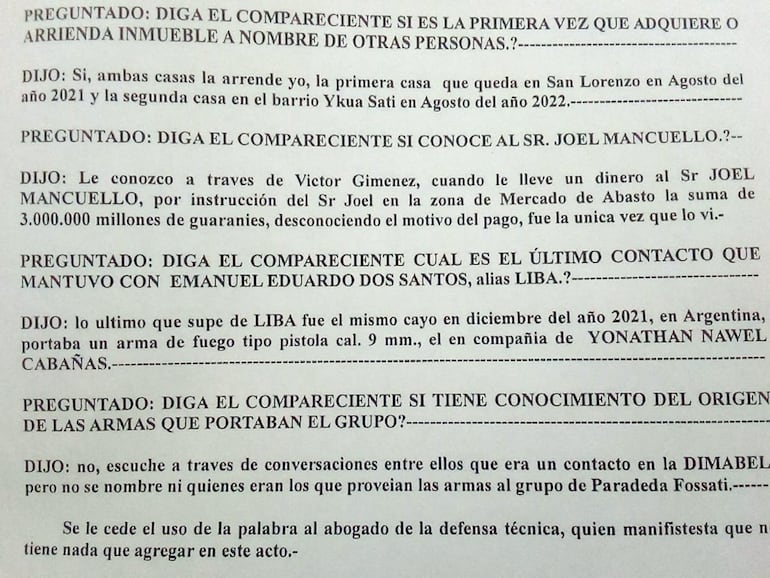 Testimonio de la víctima de sicariato, en el que aparece por ejemplo  el paraguayo Joel Mancuello Ferreira y se menciona que tenían un contacto en Dimabel que les proveía armas.