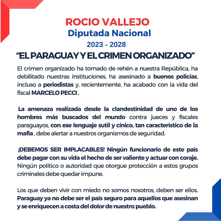 Comunicado de Rocío Vallejo, ante amenaza de Sebastián Marset.