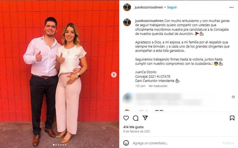 El concejal Juan Carlos Ozorio Admen,   hijo del exdiputado preso, y su esposa, Jeannette Coronel.