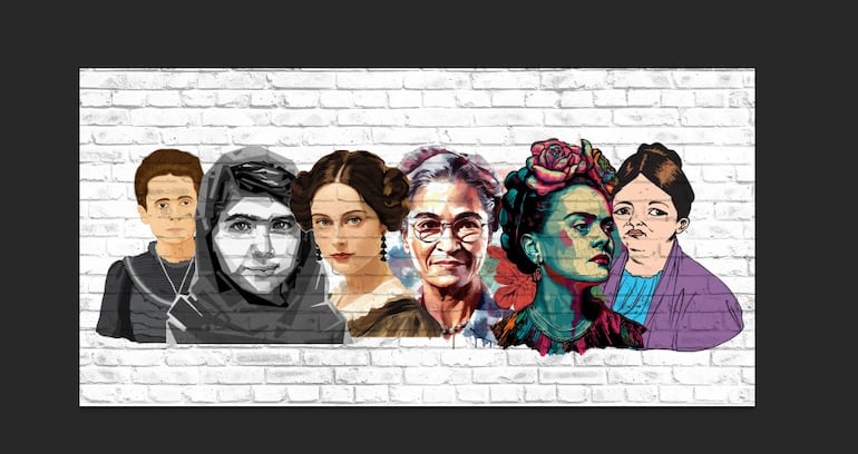 Collage ilustrativo de retratos de Marie Curie, Malala Yousafzai, Ada Lovelace, Rosa Parks, Frida Kahlo y Juana María de Lara.