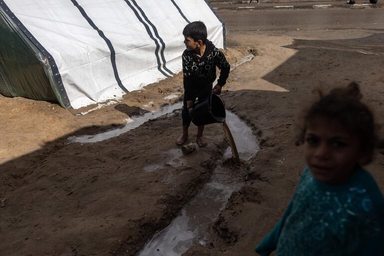 Niños palestinos obligados a desplazarse. Campo de refugiados de Rafah, en el sur de la Franja de Gaza, 27 de enero de 2024 (EFE)
