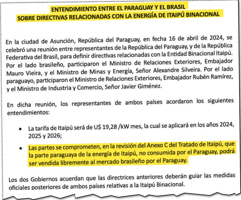 El séptimo punto del acuerdo firmado en abril del 2024 se refiere a los excedentes paraguayos, pero ahora resulta que este tema no está en discusión.