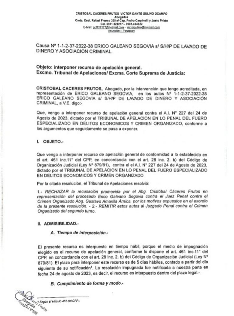 Primera página del documento de apelación.