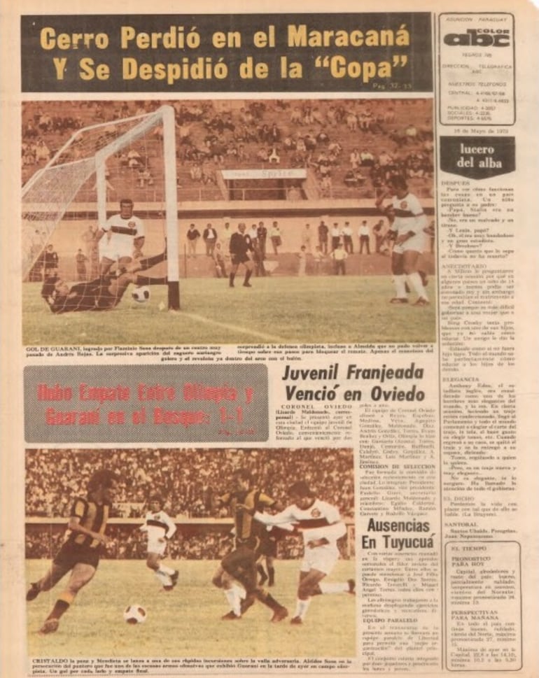 La contratapa del Diario ABC Color en el día después de la eliminación de Cerro Porteño de la Copa Libertadores 1973.