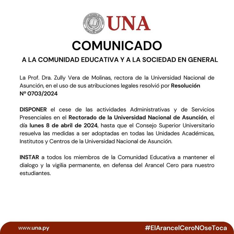 Comunicado de cese de actividades de la UNA para el lunes 8 de abril.