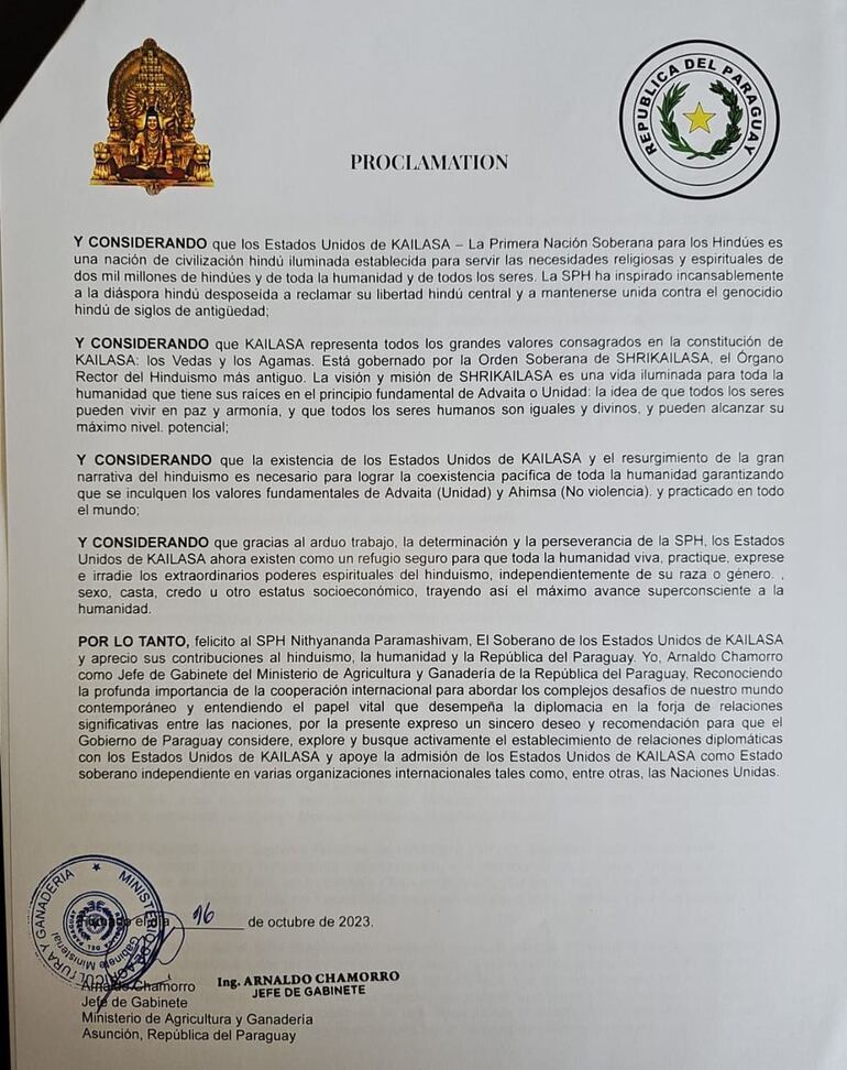 Documento firmado por el ingeniero Arnaldo Chamorro, jefe de gabinete del MAG con el inexistente Estado de Kailasa.