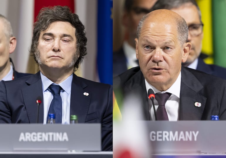 Combo de fotografías de archivo del presidente de Argentina, Javier Milei (izquierda), y el canciller de Alemania, Olaf Scholz.