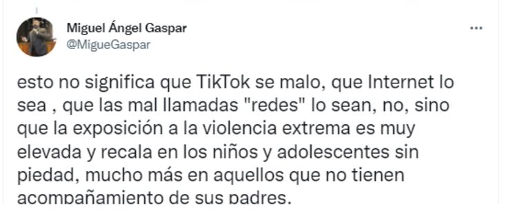 Tuit de Miguel Ángel Gaspar, sobre el caso de abuso sexual de un menor de seis años.