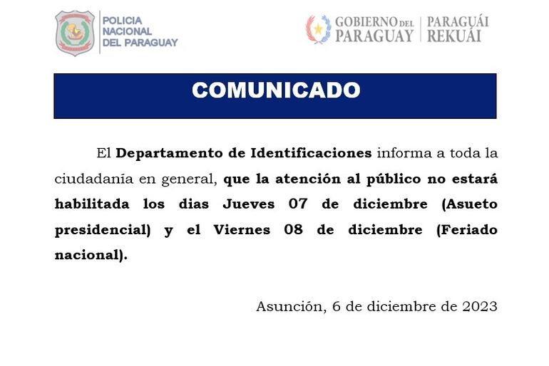 Comunicado de Identificaciones en el que anuncia que los días 7 y 8 de diciembre no abrirá al público.