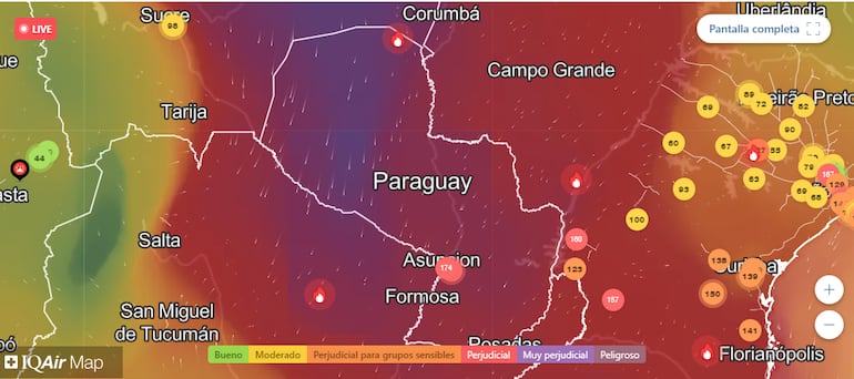 Así está la calidad del aire este miércoles en Paraguay. El color rojo indica un nivel perjudicial y el lila es "muy perjudicial". Fuente: IQ Air.