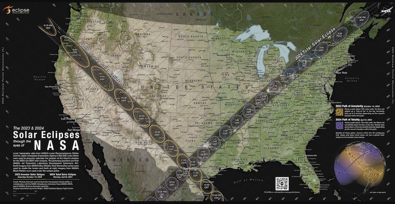 Este mapa detalla la trayectoria que tomará la sombra de la Luna cuando cruce los Estados Unidos contiguos durante el eclipse solar anular del 14 de octubre de 2023 y el eclipse solar total del 8 de abril de 2024.