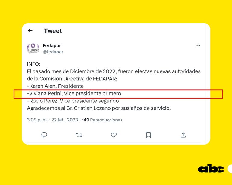 Tuit de Fedapar anunciando a Viviana Perini como vicepresidenta primera.