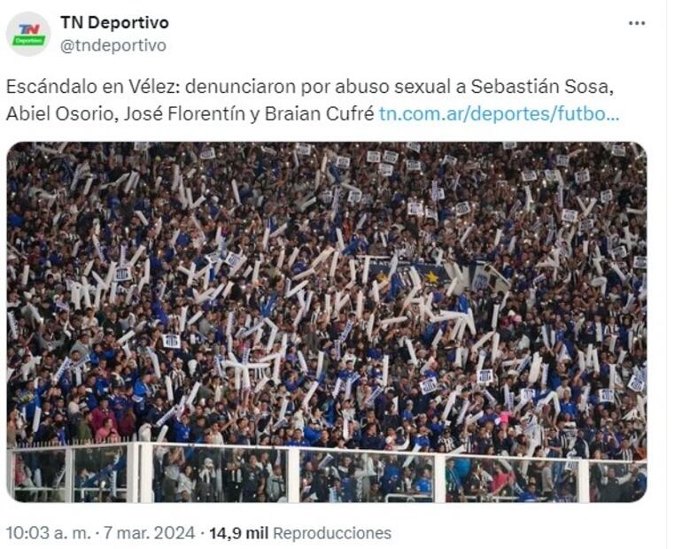 La publicación de TN Deportivo sobre la denuncia de la joven contra jugadores de Vélez Sarsfield por abuso sexual.