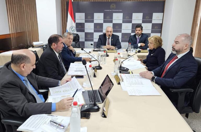 César Ruffinelli, Edgar López, Eugenio Jiménez Rolón, Gustavo Miranda, Gerardo Bobadilla, Alicia Pucheta y Enrique Berni, miembros del Consejo de la Magistratura.  