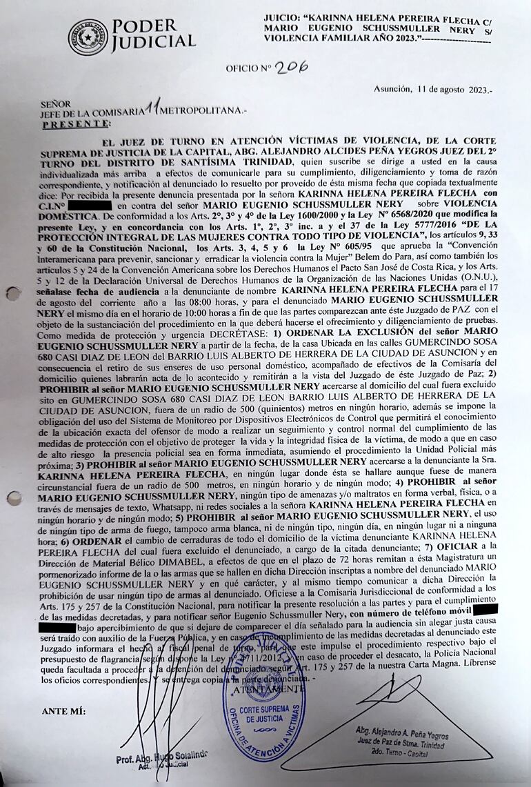 Orden judicial de exclusión de hogar. (gentileza).