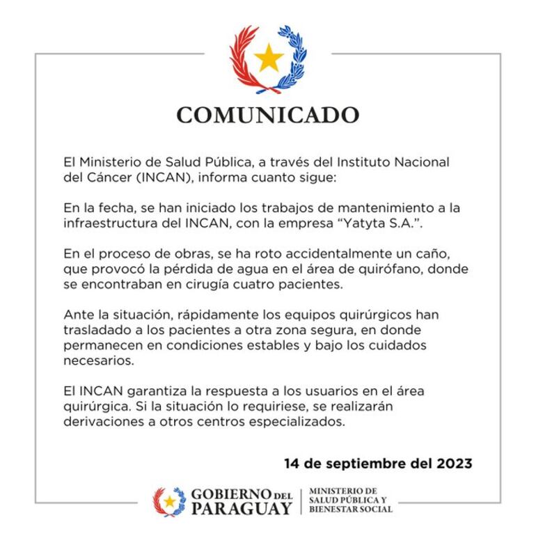 Comunicado del Ministerio de Salud.