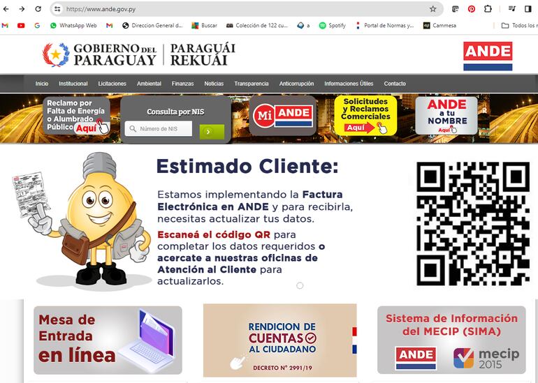 En la página web de la ANDE se informa acerca de la factura electrónica.