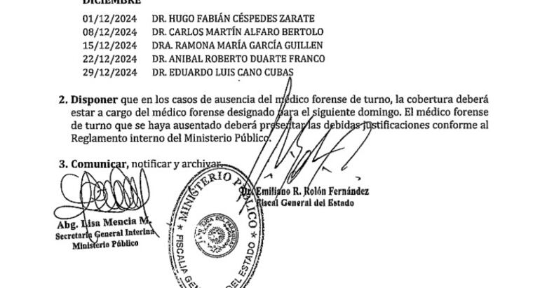 Parte de la resolución en la que se exige a los médicos forenses cubrir el día en que no se cuenta con profesional contratado.