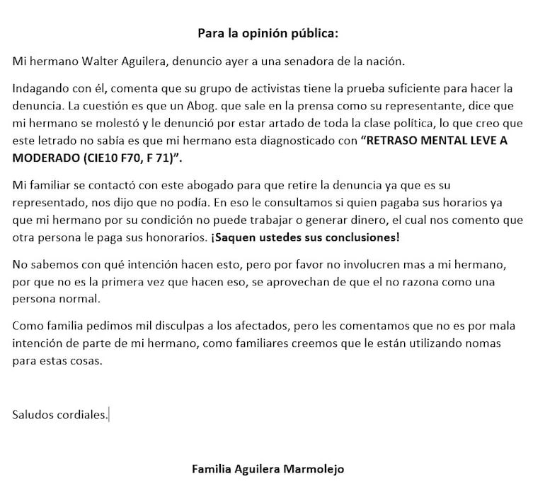 Comunicado de la familia de Walter Aguilera tras la denuncia a Kattya González.