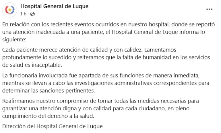 Comunicado del Hospital General de Luque.