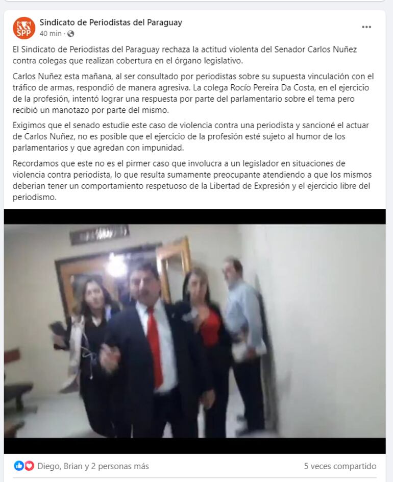 Comunicado del SPP sobre actitud violenta del senador Carlos Núñez en el Congreso Nacional.