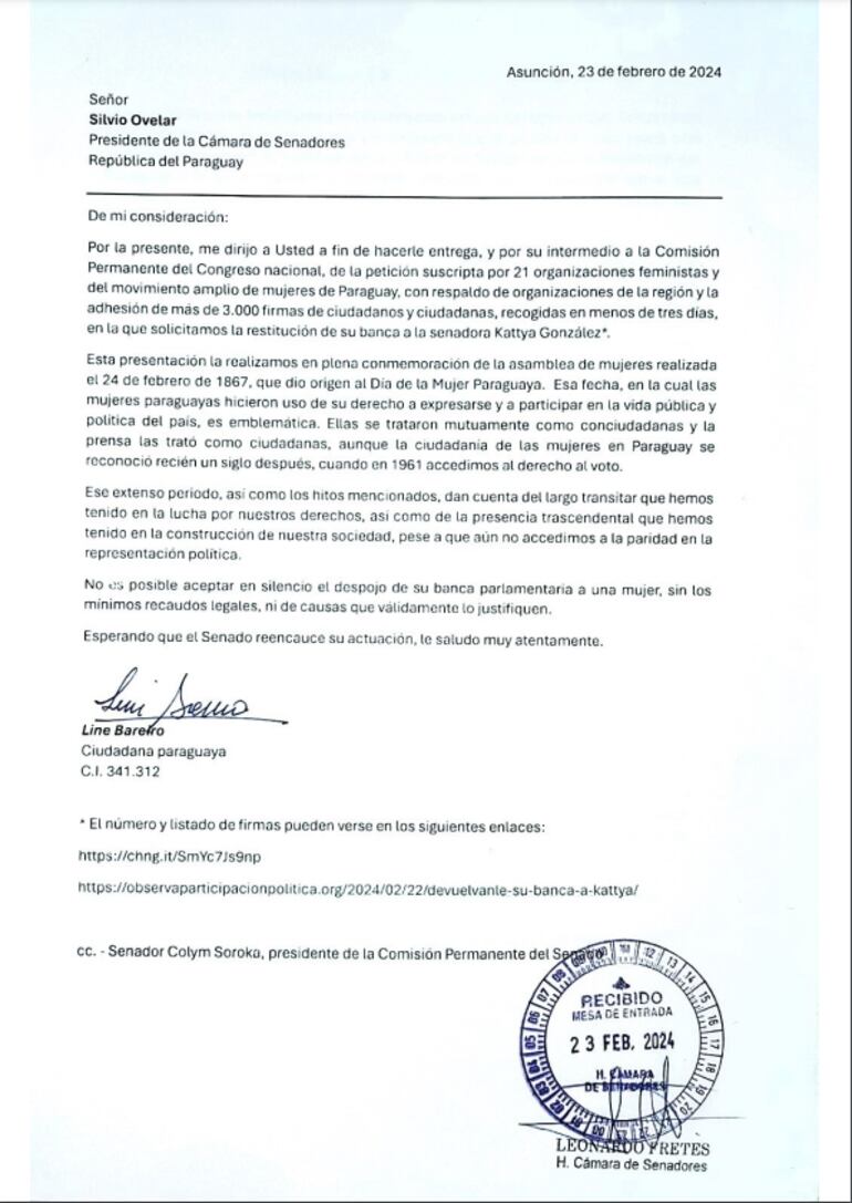 Nota dirigida a Silvio Ovelar Presidente del Congreso Nacional por parte de organizaciones feministas que exigen restitución de banca a Kattya González.