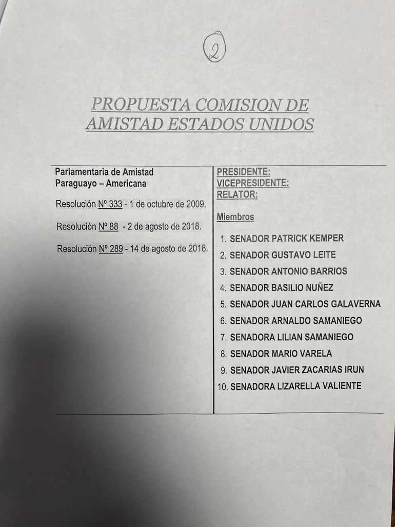 Lista de senadores colorados para Comisión de Amistad. (gentileza).