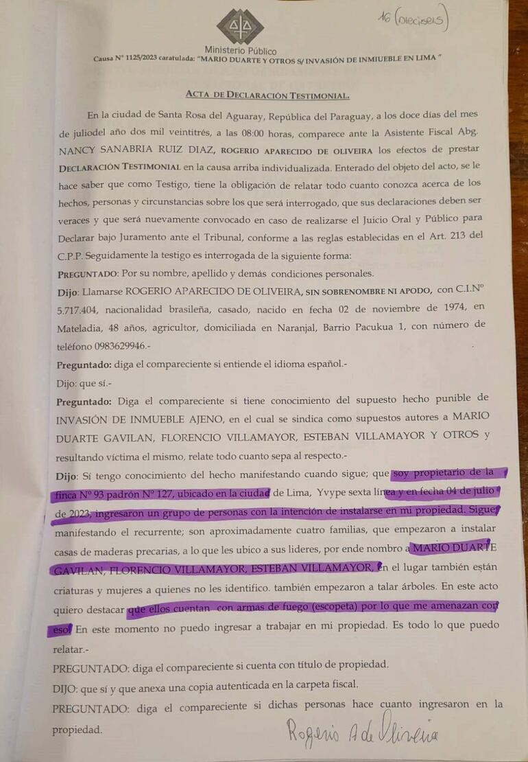 Declaración del brasileño Rogério Aparecida de Oliveira, quien denunció que su propiedad ubicada en Lima, San Pedro, fue invadida este año.