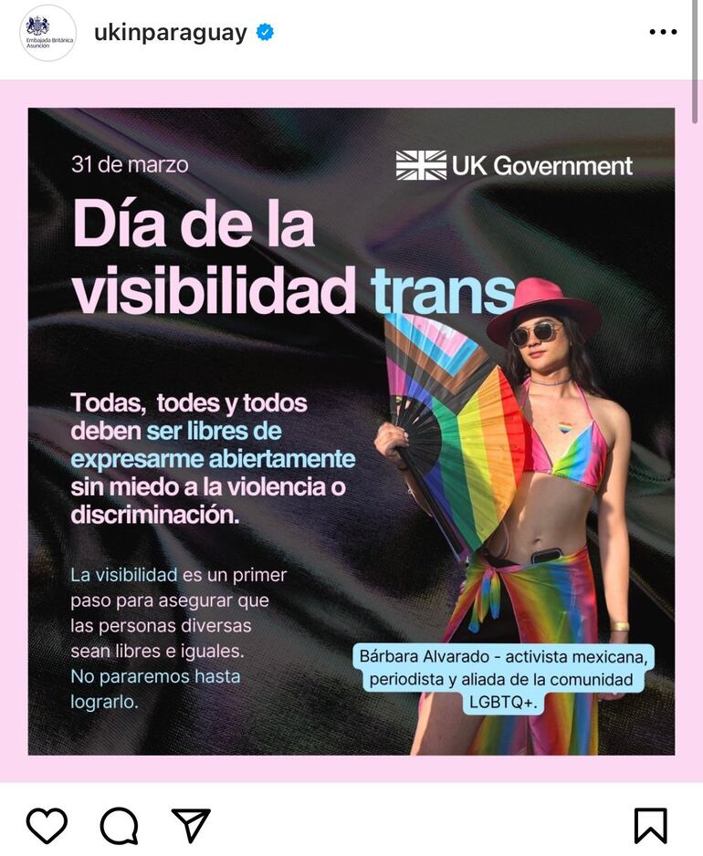 Posteo de la Embajada Británica en apoyo al Día de la Visibilidad Trans.