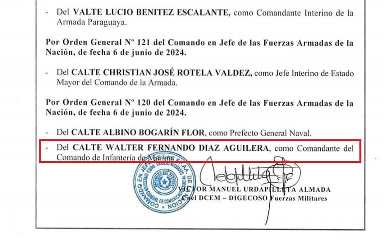 Comunicación oficial del ascenso de Walter Fernando Díaz Aguilera a comandante del Comando de Infantería de Marina el pasado 6 de junio.