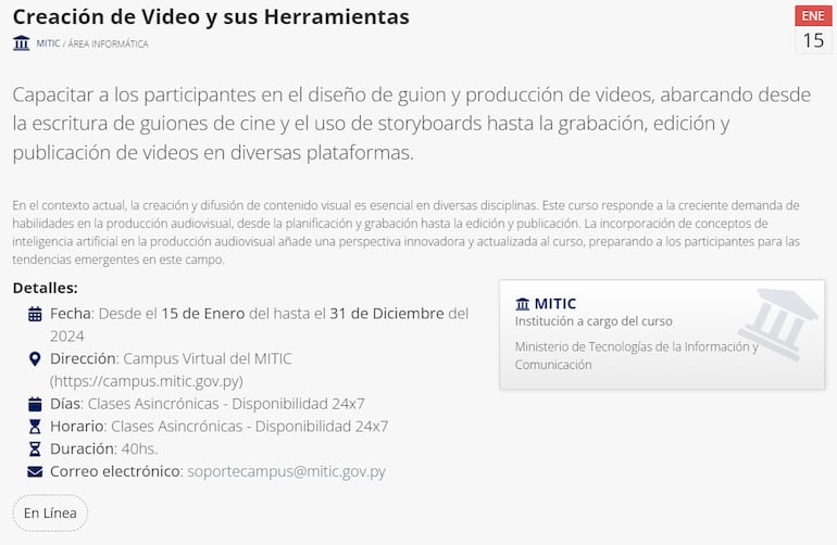 Información sobre el curso de creación de videos ofrecido por el Mitic.