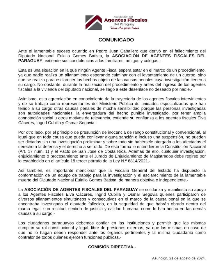 Comunicado de la Asociación de Agentes Fiscales, sobre el caso Lalo Gomes.