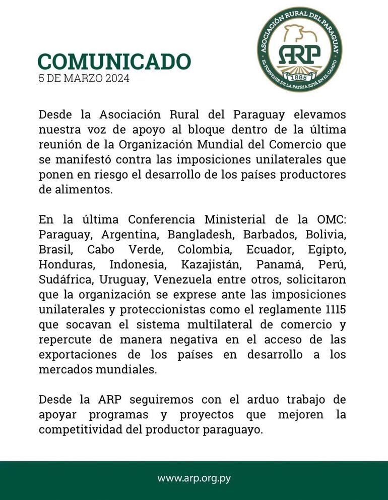 Comunicado de la ARP sobre imposiciones unilaterales.