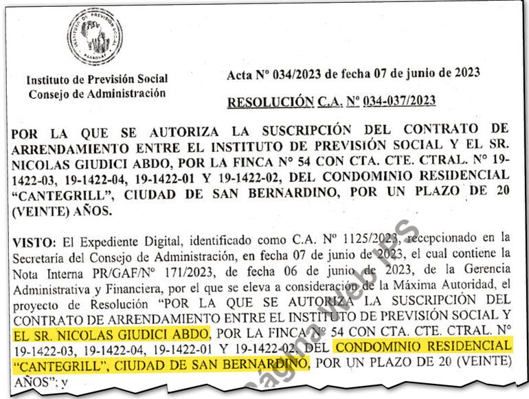 Autorización aprobada por el Consejo de Administración del IPS a favor de Giudici Abdo.