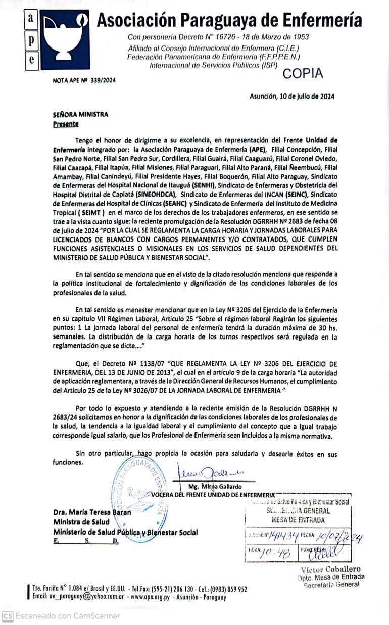 Nota de la Asociación Paraguaya de Enfermería a la ministra de Salud, María Teresa Barán.