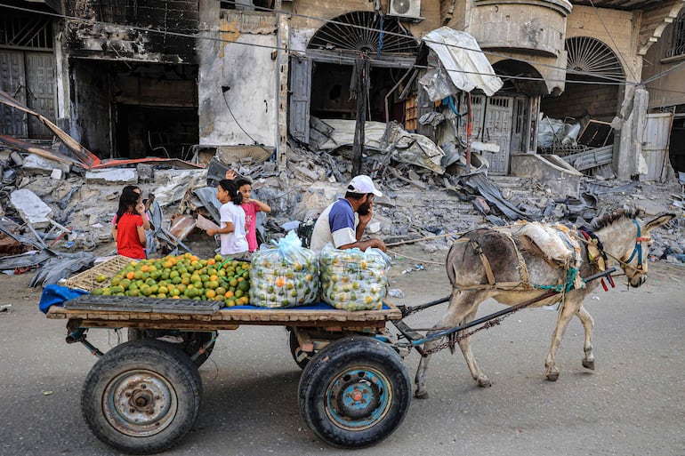 Un vendedor transporta naranjas en Rafah, en el sur de la Franja de Gaza, este lunes.