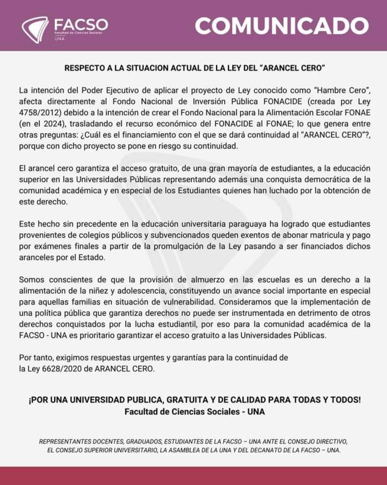 Comunicado de la comunidad educativa de la Facso- UNA.