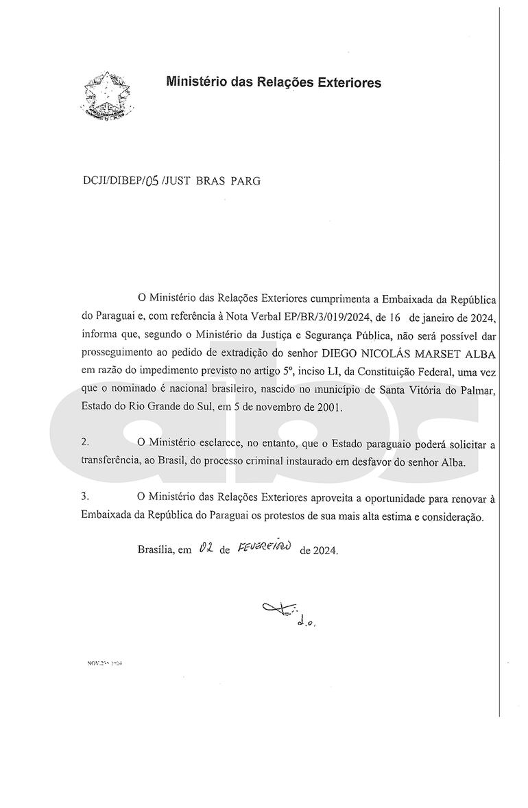 Documento remitido por la Cancillería de Brasil en torno al caso del hermano de Marset.