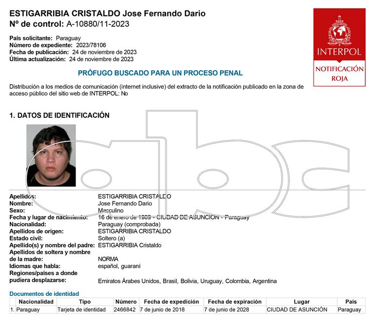 Notificación roja de Interpol de José Fernando Darío Estigarribia Cristaldo.