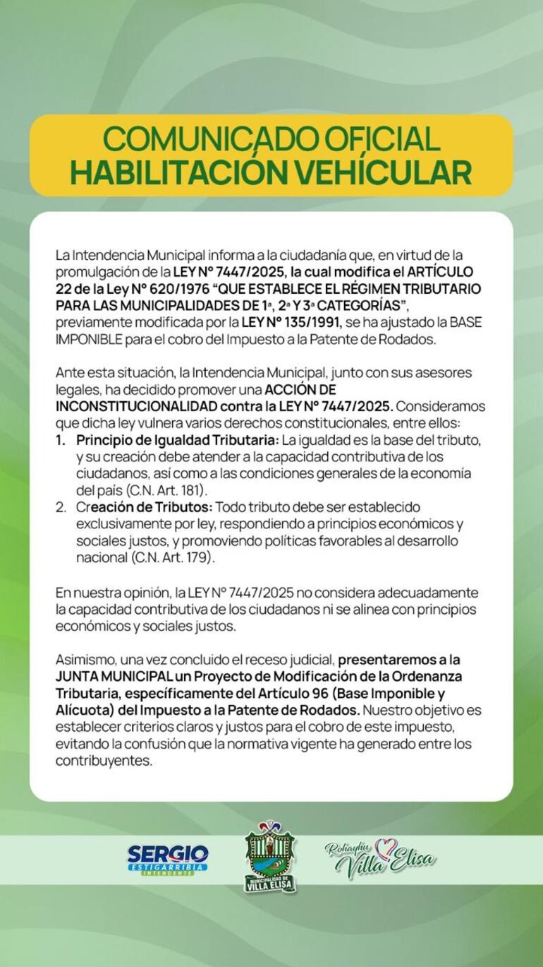 El comunicado que emitió la municipalidad de Villa Elisa con relación a la ley 7.447.