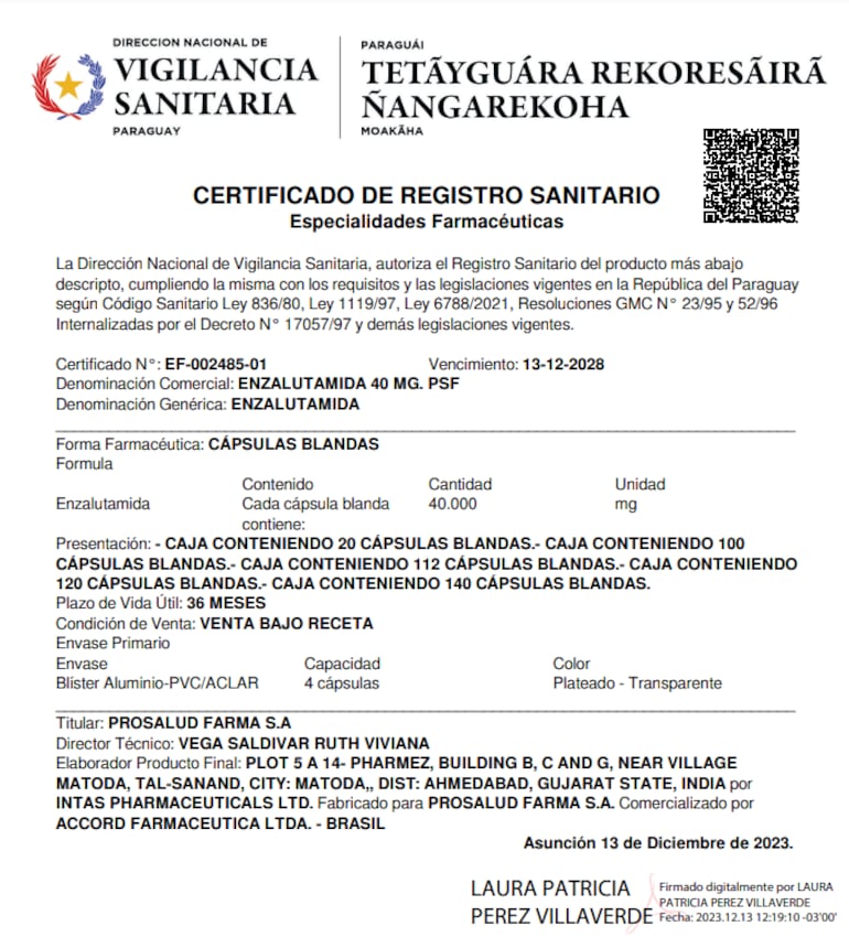 Certificado de Registro Sanitario de Dinavisa, que tiene como titular a Prosalud Farma S.A.