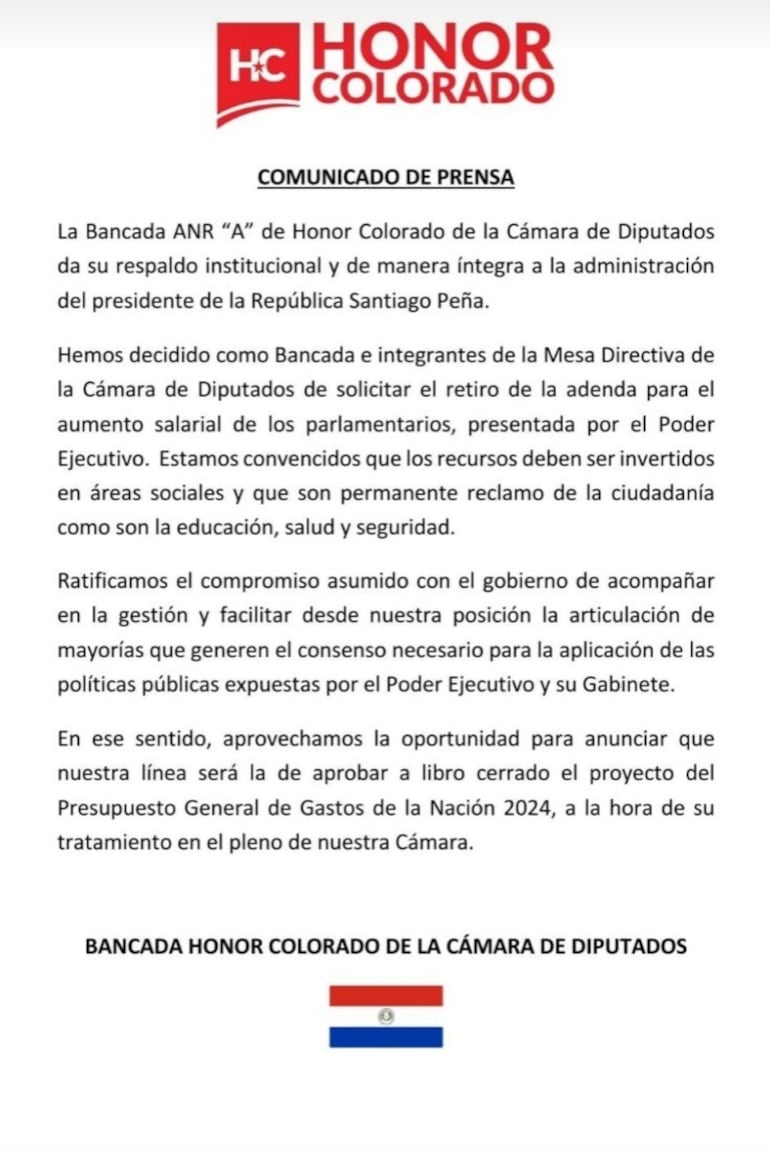 Comunicado de la bancada A de Honor Colorado de la Cámara de Diputados donde anuncian aprobación del PGN 2024 a libro cerrado con aumentos del Poder Ejecutivo