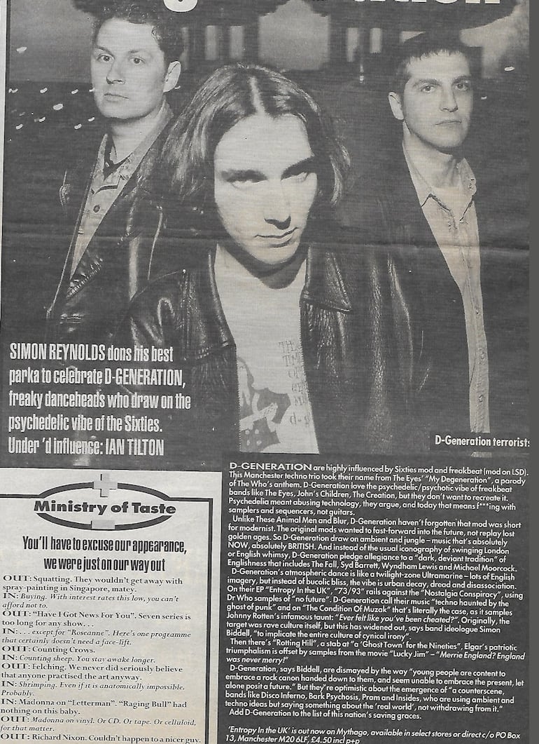 D-Generation (con Mark Fisher al centro, adelante) en la revista Melody Maker, 7 de mayo de 1994