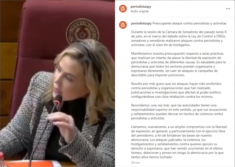 SPP repudia ataques contra periodistas y activistas por parte de senadores Lizarella Valiente y Gustavo Leite.