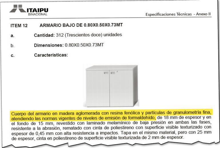 Detalle de las especificaciones técnicas con respecto a los armarios a ser comprados por Itaipú.