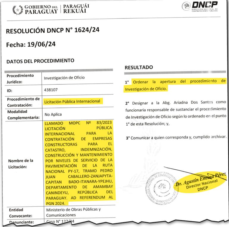 La DNCP inició una investigación de oficio tras recibir una denuncia de falsificación por parte de Calzada Construcciones.